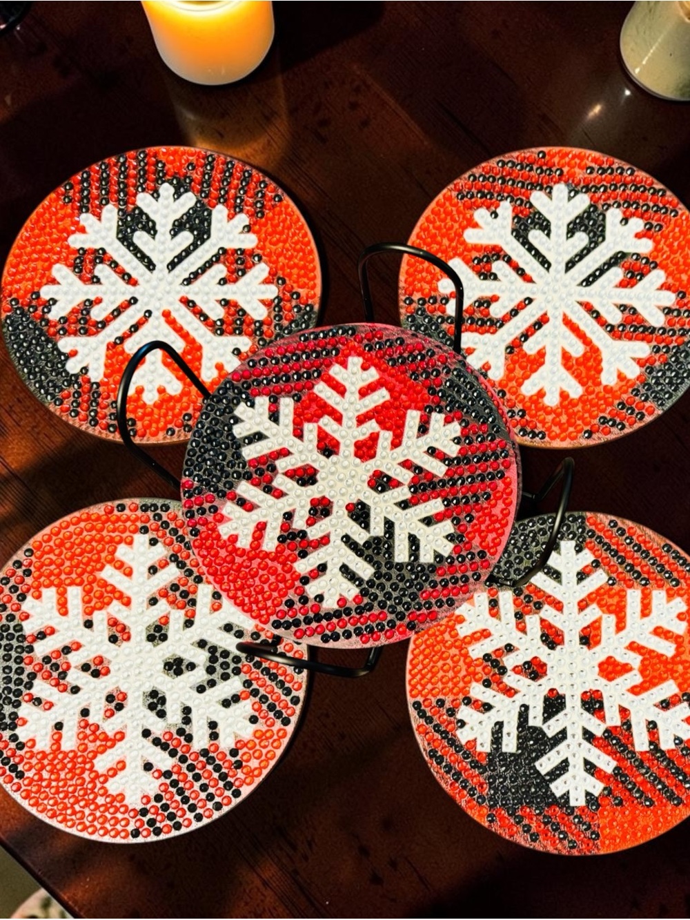 Snowflake Coasters Set of 4 with Holder 
Hand Crafted & Sealed Diamond Art